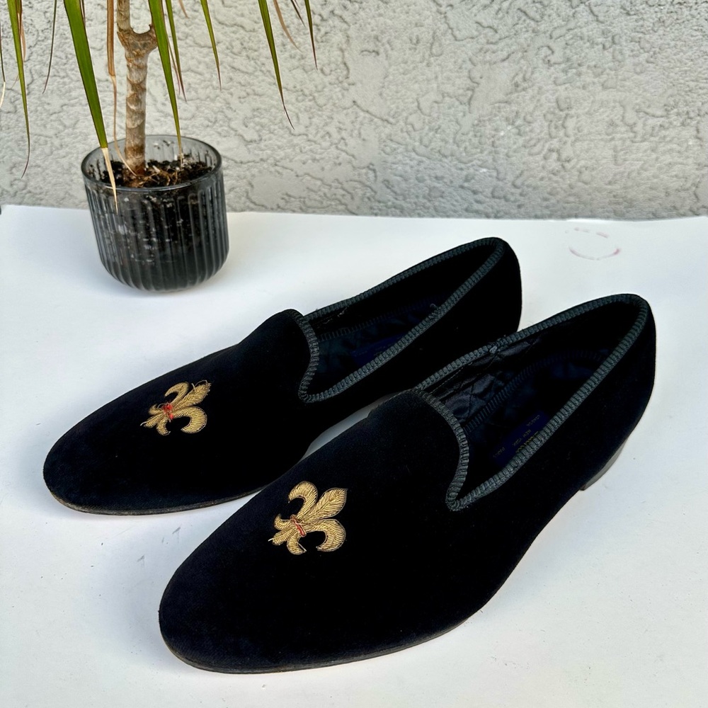Elegant Sulka Black Loafers with Gold Fleur-de-Lis Embroidery England 13US 12UK